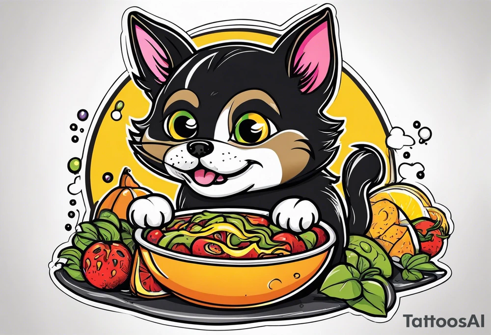 Dog eating  black cat tattoo idea