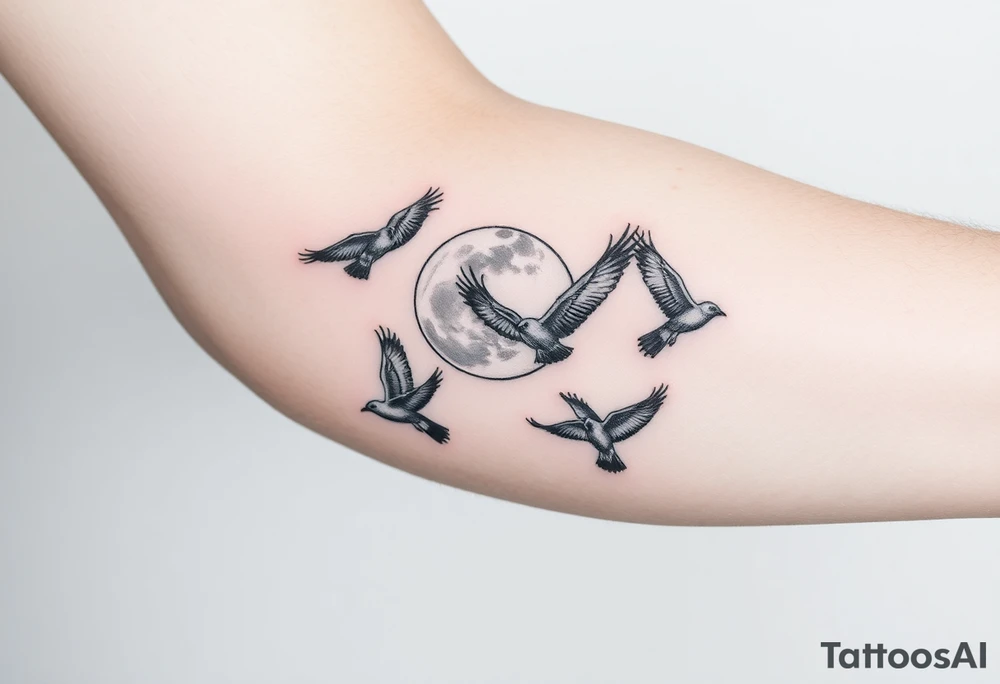 5 birds, the moon, flying tattoo idea