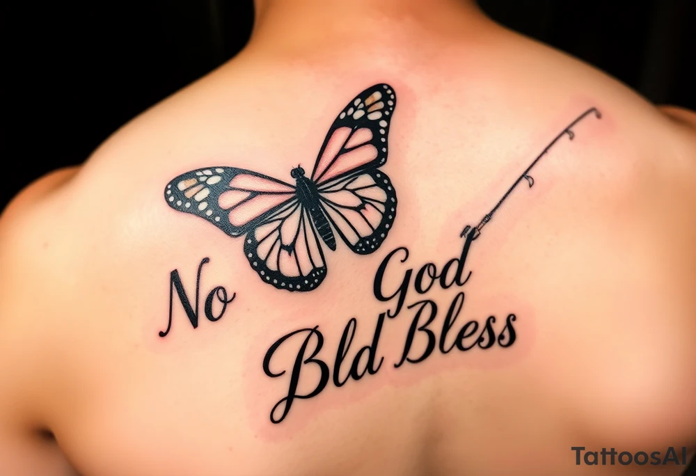 The words No Rush with a monarch butterfly and the words God Bless with a fishing pole. Tattoo is masculine for the upper arm tattoo idea