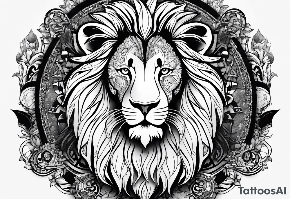 Powerful lion with artistic surroundings including my family members names, Roger, Angèle, Imani tattoo idea