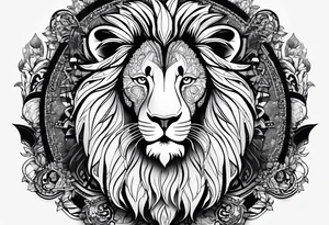 Powerful lion with artistic surroundings including my family members names, Roger, Angèle, Imani tattoo idea