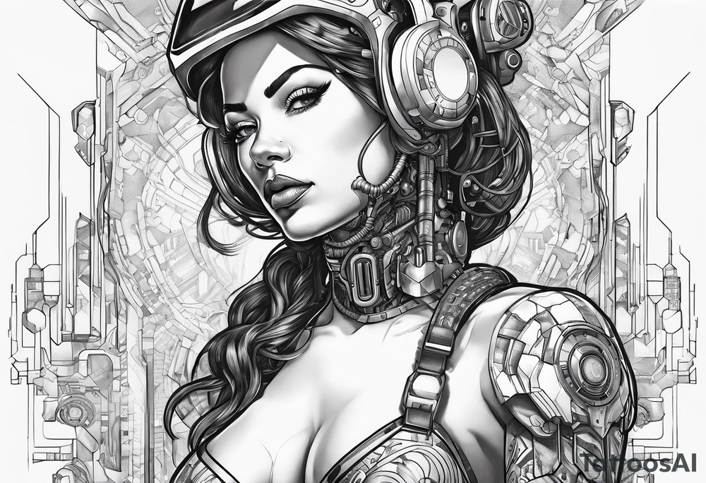 cyborg full bopdy female pinup retro futurism, robot with human parts tattoo idea