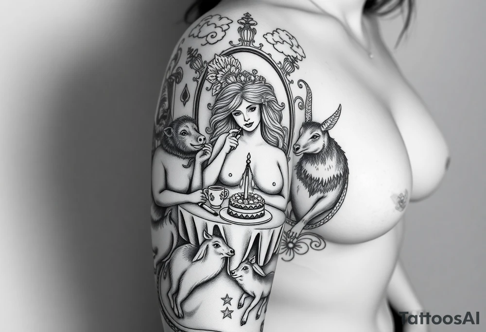 Sexy naked fat lady having a tea party with a pig, peacock, noose, lion, goat, smoking cigerettes looking in the mirror having sex with a man eating a cake thru storm clouds with knife and broken hearts and darkness tattoo idea