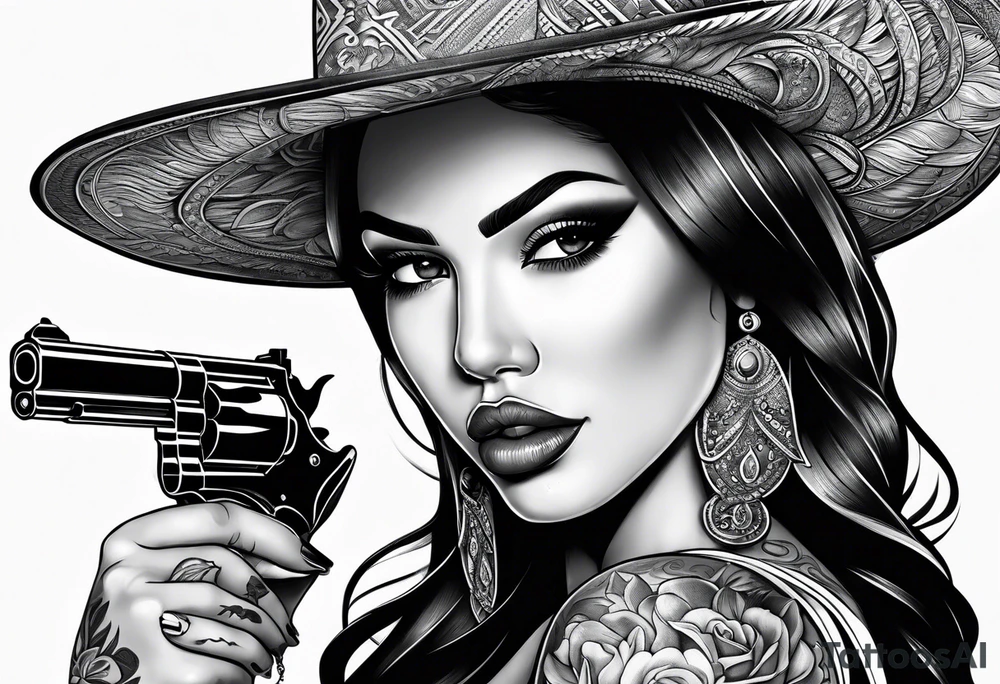 Chicano girl with pistol and smoking a joint tattoo idea