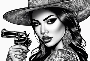 Chicano girl with pistol and smoking a joint tattoo idea