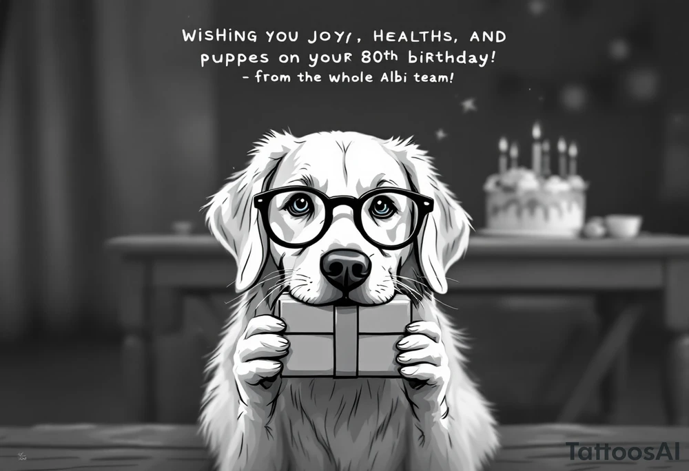 Picture a playful golden retriever wearing cute round reading glasses, holding a neatly wrapped gift box in its mouth. A small tag on the box says “For You.” Behind the dog is a festive table with a birthday cake, candles, and party decorations. The retriever looks clever and kind, like a well-mannered guest at a cozy celebration. A cheerful message floats above:
“Wishing you joy, health, and puppy kisses on your 80th birthday – from the whole Albi team!”
The illustration has a light-hearted, cartoon-like charm, making it perfect for bringing smiles and laughter. tattoo idea