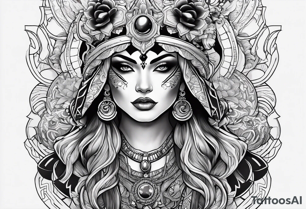 kali, alien goddess, valkrye, pirate, zenza resonance, pachamama, lotus azul, blank panther, eagle, skull, 5D, nueva gaya tattoo idea