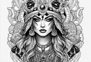 kali, alien goddess, valkrye, pirate, zenza resonance, pachamama, lotus azul, blank panther, eagle, skull, 5D, nueva gaya tattoo idea