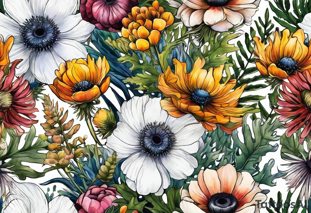 wildflowers with thistles, ferns, ranuculus, white anemones with black center, sun flowers, mixed color flowers all in watercolor tattoo idea