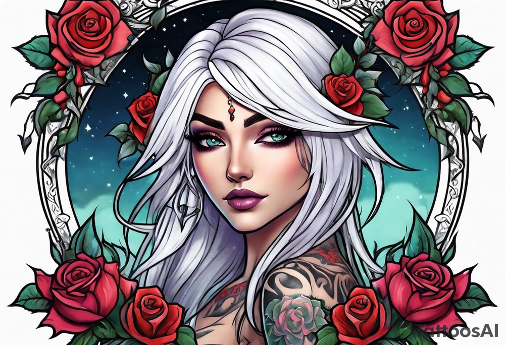 night elf full body with white hair and roses tattoo idea