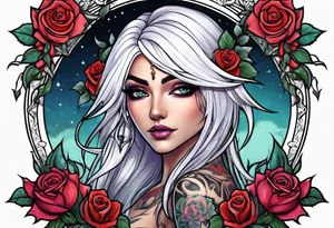 night elf full body with white hair and roses tattoo idea