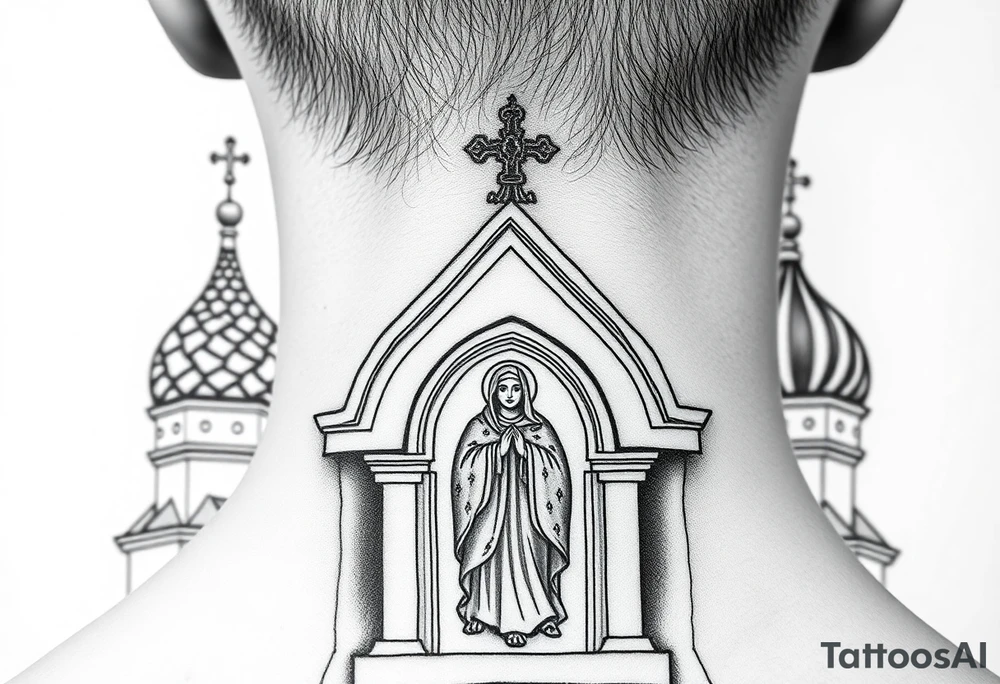 Flowing Scene

A onion domes orthodox church
Virgin Mary in prayer pose on the front doors of the russian orthodox church 
A small double headed russian coat of arms eagle or just the star tucked above the dome near the hairline tattoo idea