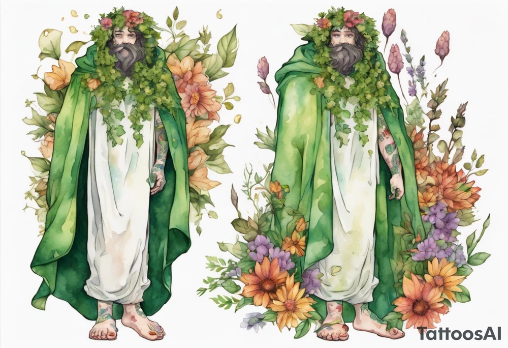 Dionysus covered in flowers and leaves wearing a cloak and mossy slippers tattoo idea