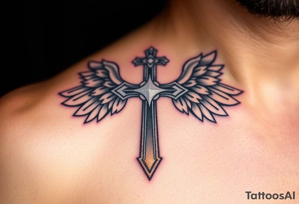 A silver gothic cross with large angelic wings, softly shaded in white and gray, glowing with divine golden light tattoo idea
