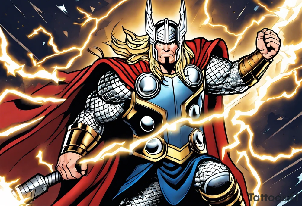 The Mighty Thor  with lightning in the background tattoo idea