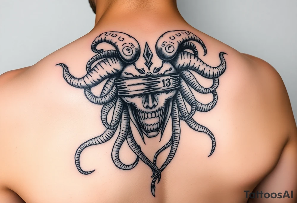 powerful majestic medusa. Simple but intricate. The number 13 somewhere in the tattoo. The eyes covered or taped. Throw a little virgo in there tattoo idea