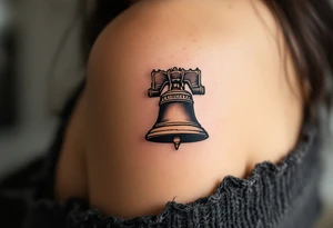 A miniature Liberty Bell shaded in black and brown, a nod to American freedom and resistance. tattoo idea