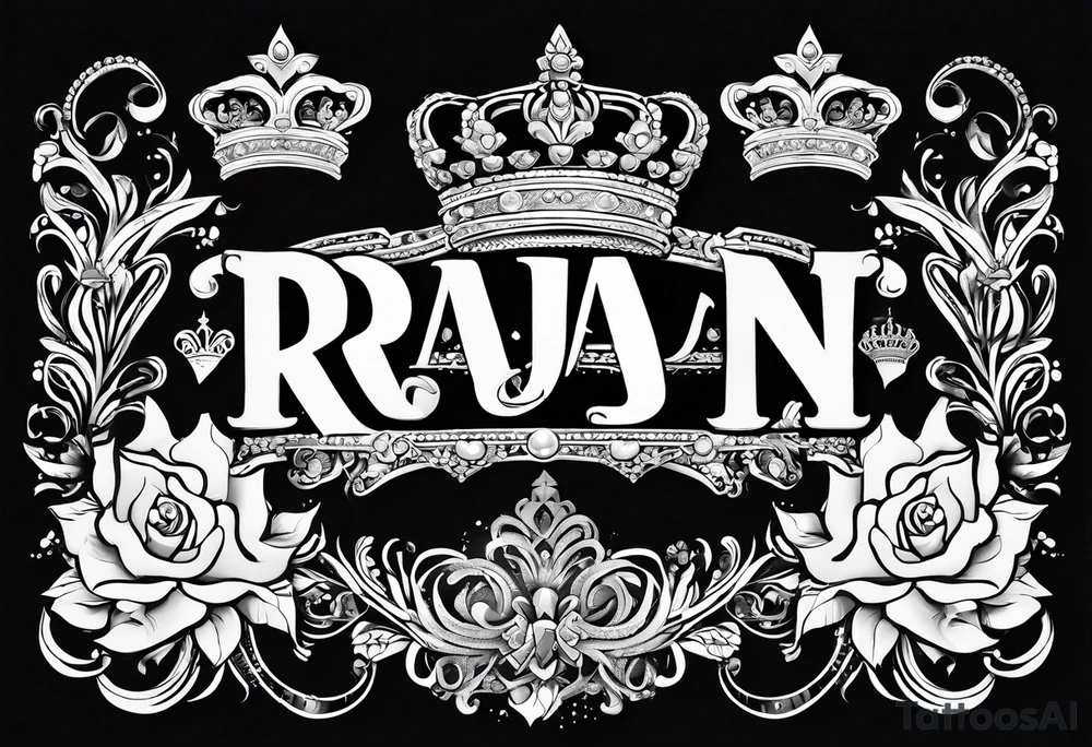 Kids names “Raaj” and “Reign” with the number 11 and crowns for their royalty tattoo idea