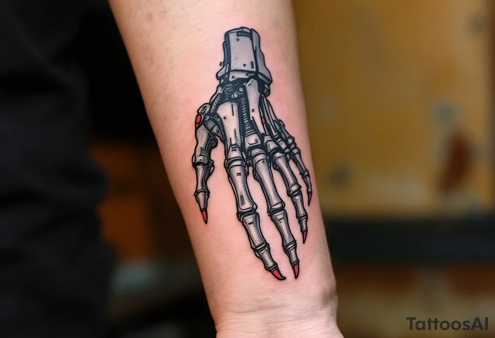 A skeletal robotic hand with bone-like mechanical segments in matte gray, accented by red heat signatures at each joint. tattoo idea