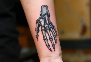A skeletal robotic hand with bone-like mechanical segments in matte gray, accented by red heat signatures at each joint. tattoo idea