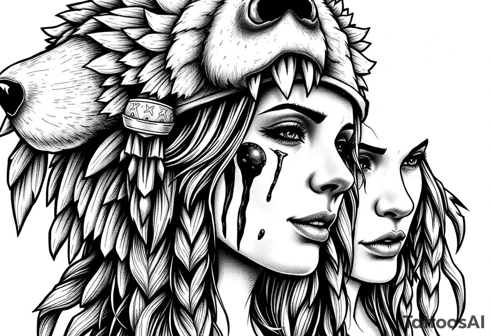 Beautiful Womans shedding a tear, with battle scars and blood on face, wearing a bear headdress on head tattoo idea