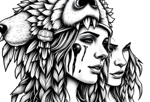 Beautiful Womans shedding a tear, with battle scars and blood on face, wearing a bear headdress on head tattoo idea