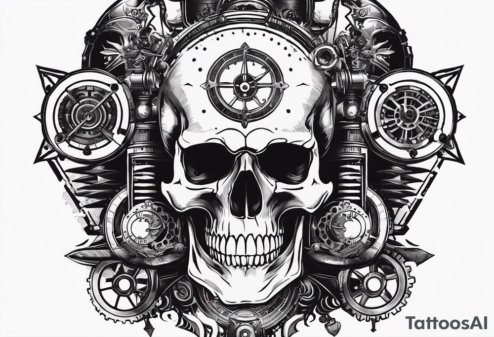 Powerful skull powered by an engine featuring an "steampunk desing" in the image appears a psiton and a turbo, also the dseign must be vertical. Also, the desing must be minimalistic not saturated. tattoo idea