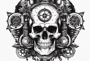 Powerful skull powered by an engine featuring an "steampunk desing" in the image appears a psiton and a turbo, also the dseign must be vertical. Also, the desing must be minimalistic not saturated. tattoo idea