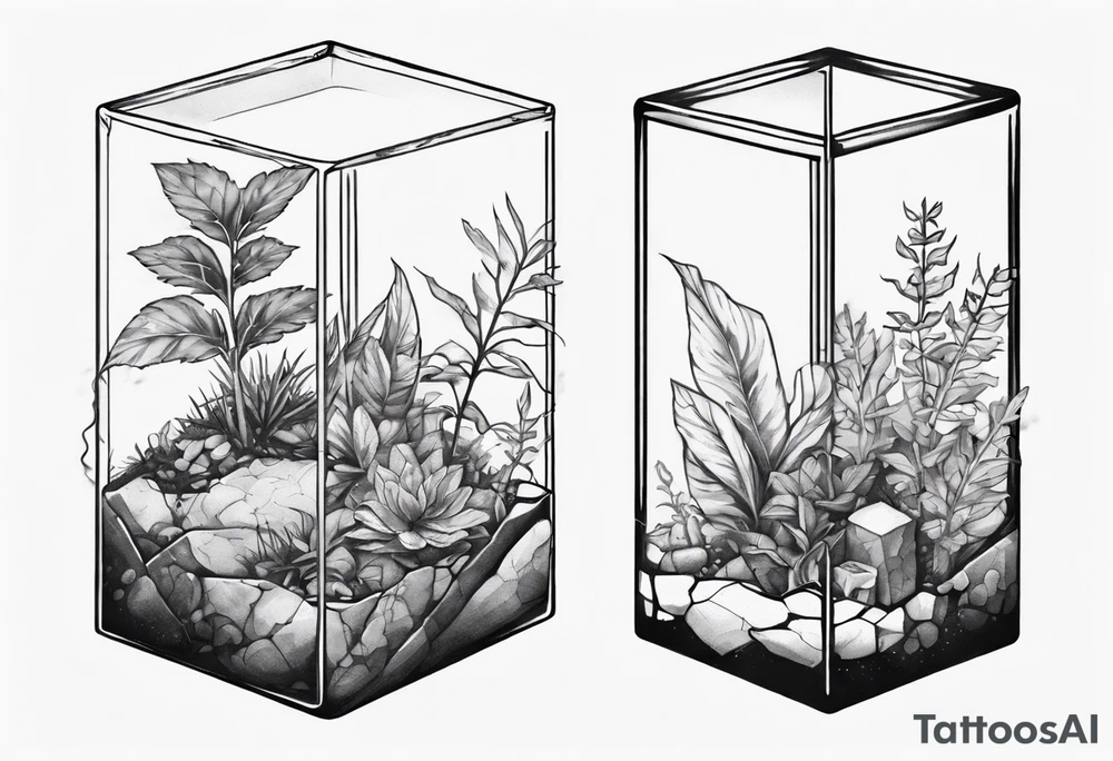 A terrarium in the shape of a cuboid with a single plant inside it. tattoo idea