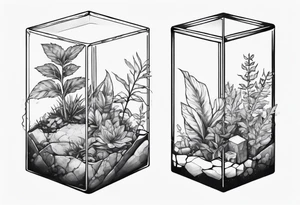 A terrarium in the shape of a cuboid with a single plant inside it. tattoo idea