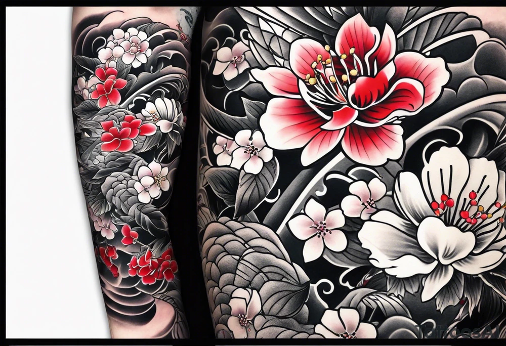 traditional horimono tattoo. 
leg sleeve with the following elements: hawk and cherry blossoms tattoo idea