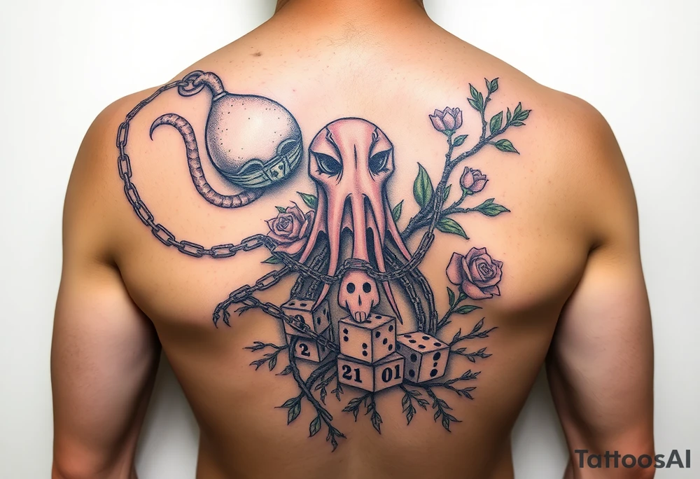 Squid and knight and sailor hat combined with chains, tree roots, cherry blossoms and roses rolling dice tattoo idea