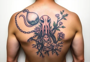 Squid and knight and sailor hat combined with chains, tree roots, cherry blossoms and roses rolling dice tattoo idea