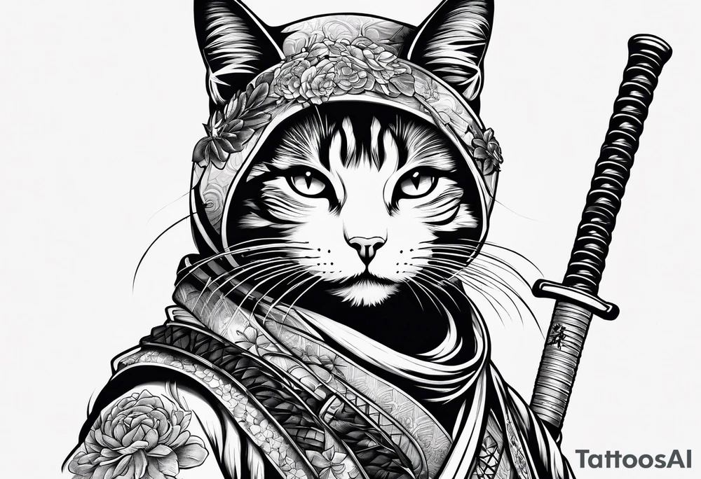 female samuari cat with katana tattoo idea