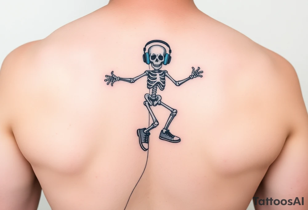 Funny small skeleton jumping on a rope with a blue headphones and blur tennis shoes tattoo idea