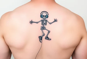 Funny small skeleton jumping on a rope with a blue headphones and blur tennis shoes tattoo idea
