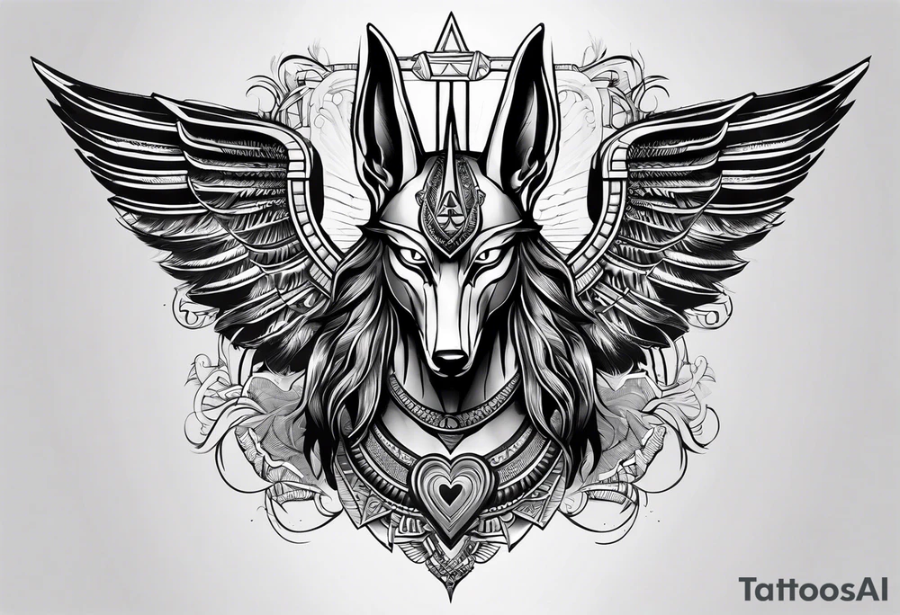 Egyptian style anubis god weighing the feather and the heart tattoo idea