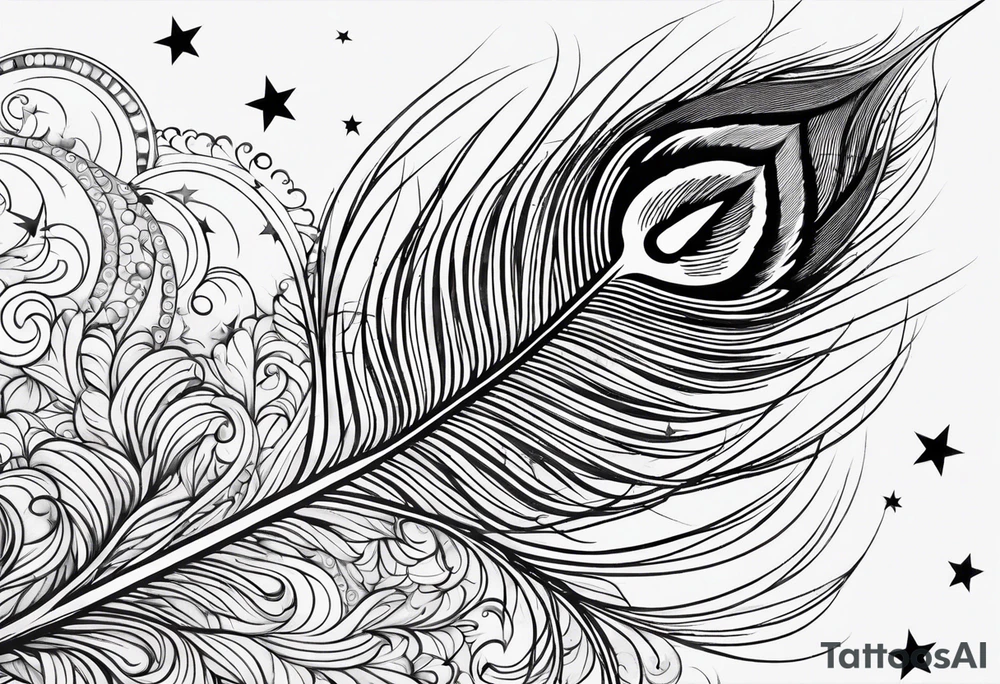Peacock feather turning into a compass surrounded by stars tattoo idea