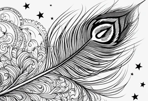 Peacock feather turning into a compass surrounded by stars tattoo idea