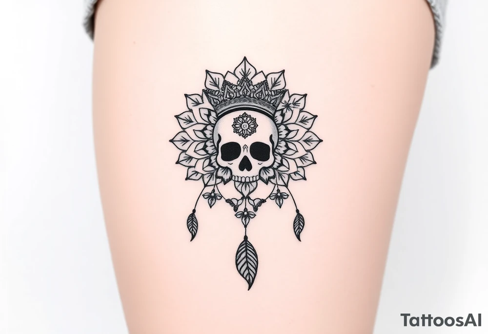 Mandala dream catcher lace with delicate skull and flowers wearing elegant crown tattoo idea