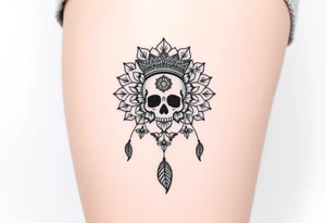 Mandala dream catcher lace with delicate skull and flowers wearing elegant crown tattoo idea