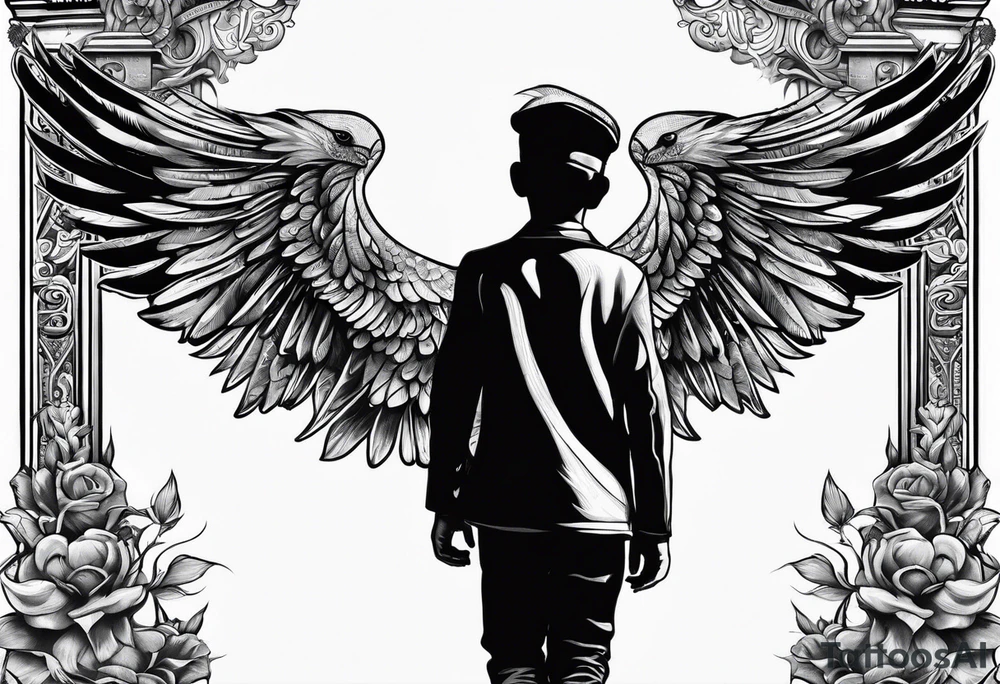 kid walking to the gates of freedom and money tattoo idea