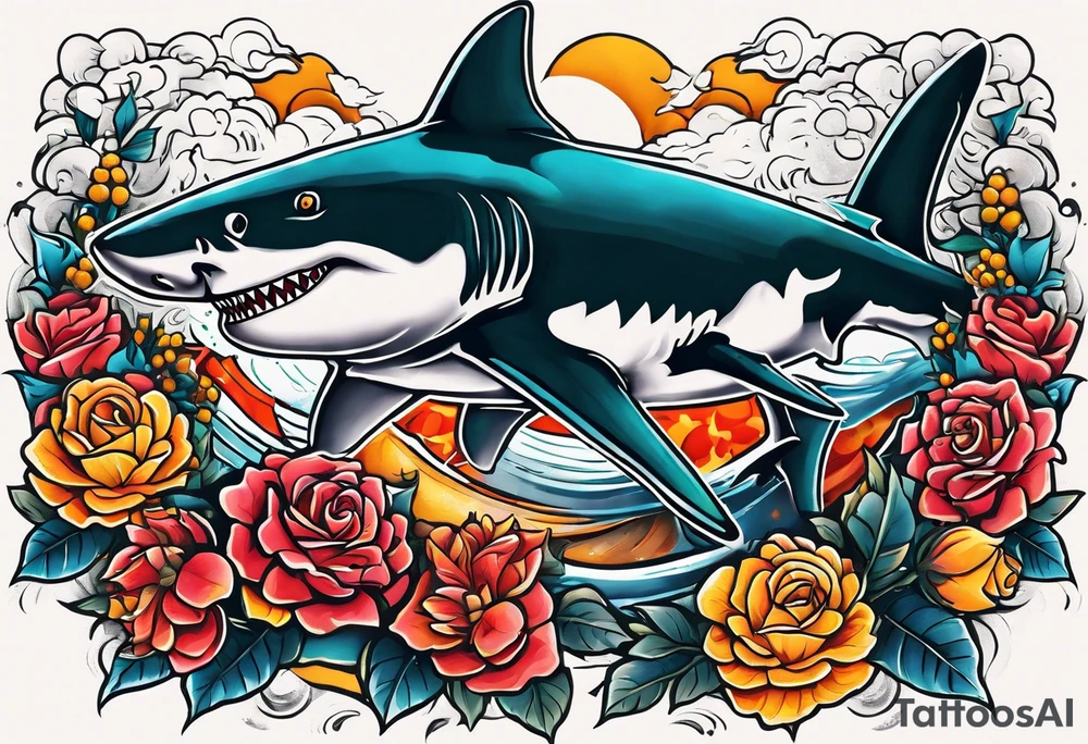 A fierce shark 
swimming upwards on a forearm, surrounded by vibrant roses, marigolds, and scattered shurikens. Include subtle shading and water elements for depth and movement. Flowers (roses, marigolds) should organically frame the shark and potentially wrap around its body. tattoo idea