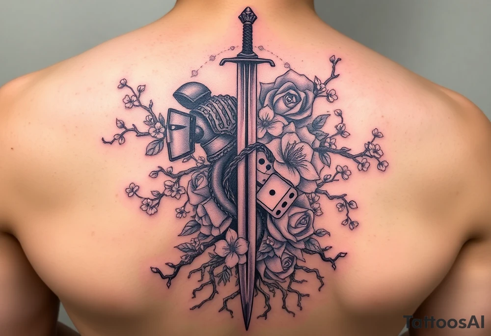 knight with sword and squid intertwined with climbing roses and tree roots with cherry blossoms rolling dice tattoo idea