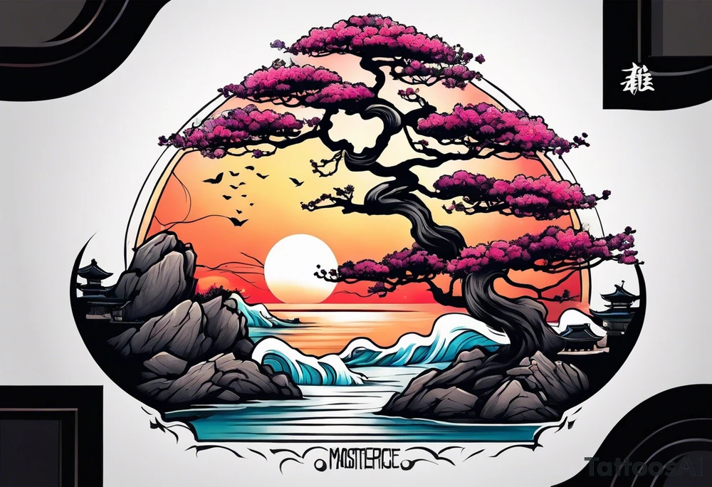 Sunset and little down bonsai trees tattoo idea