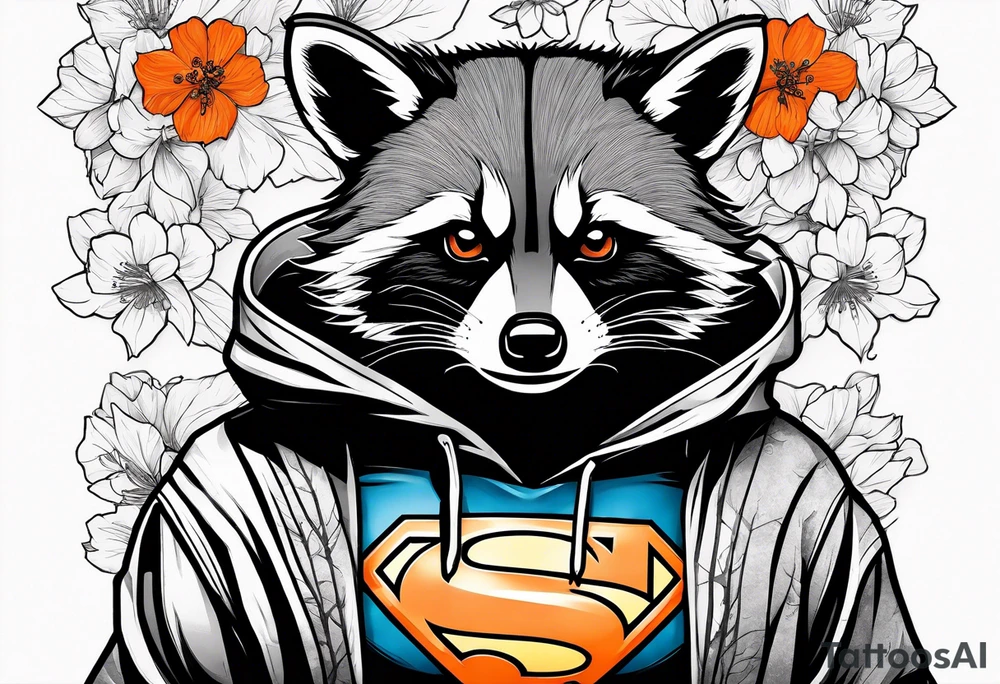 raccoon wearing a black and white Superman hoodie and orange Japanese cherry blossoms tattoo idea