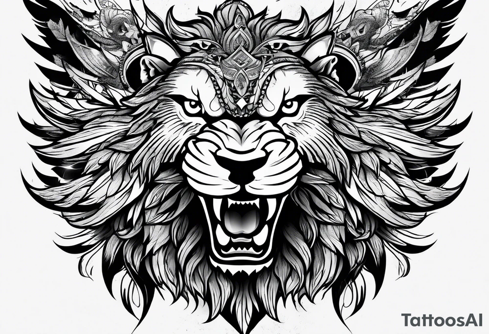 an eagle a lion and a wolf half-face tattoo idea