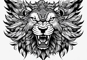 an eagle a lion and a wolf half-face tattoo idea
