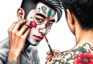 Handsome Asian young guy is putting ritual make up on tattoo idea