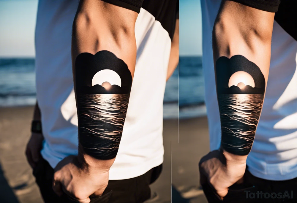Minimalistic, black and white tattoo on male forearm. From the perspective of being on the ocean, the water is calm, with no waves in sight, the sun is setting behind the ocean, reflecting light onto the water. The tattoo in the shape of a rectangle, 4 inches wide by 2 inches tall. tattoo idea